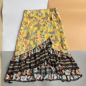 FARM Rio Yellow Floral Asymmetrical Wrap Skirt with Black Floral Ruffle